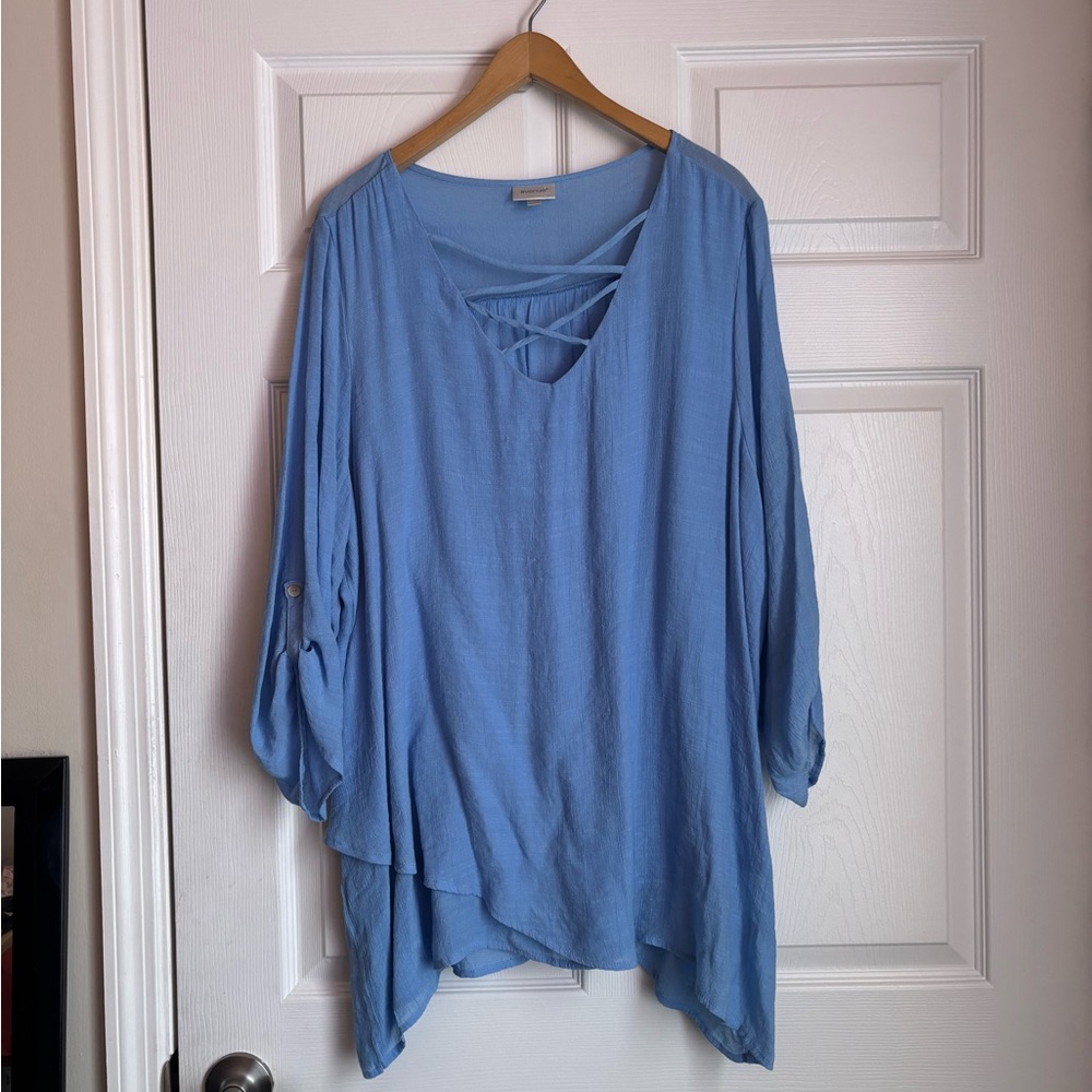 Blue Asymmetrical Tie Front Blouse